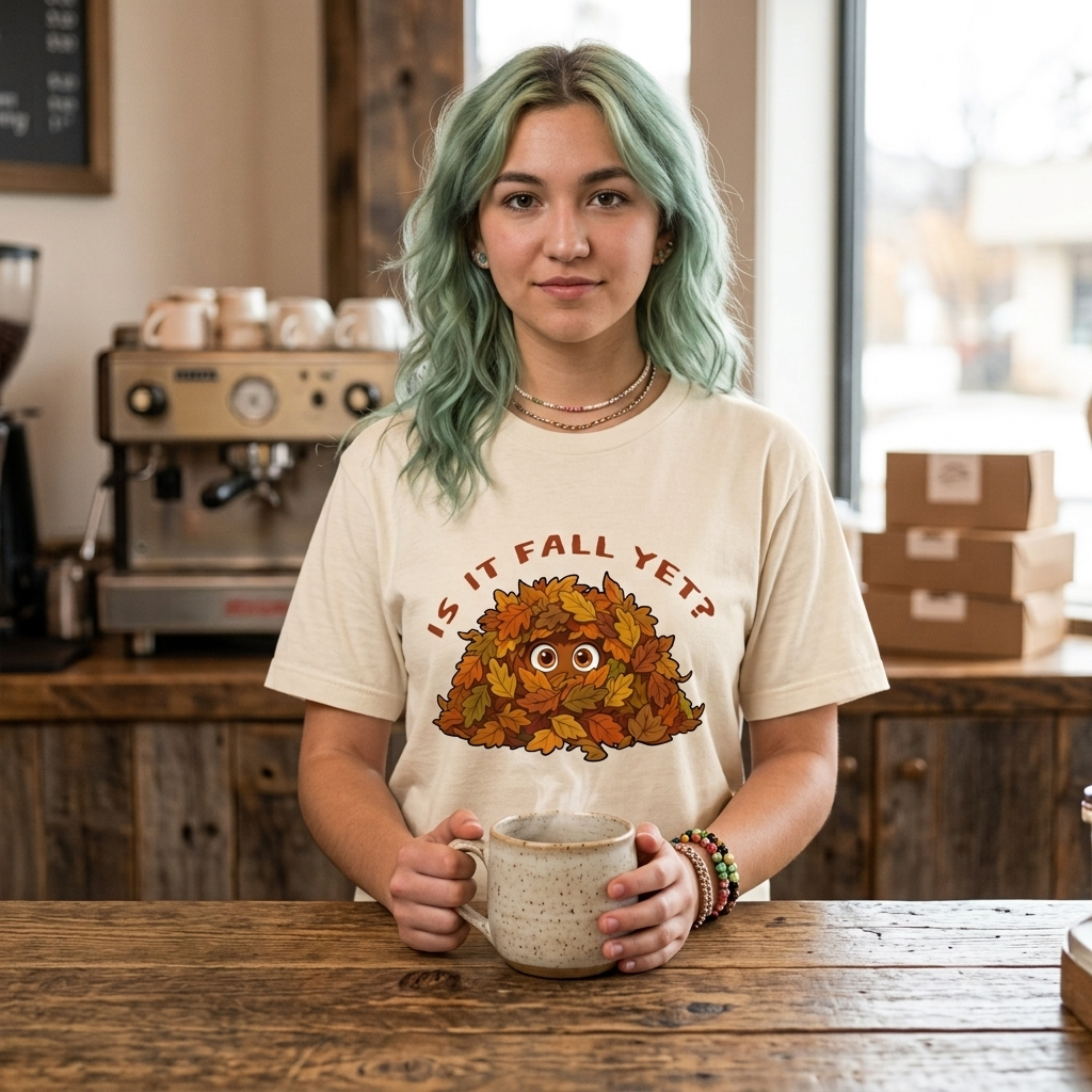 Woman wearing Hide 'n Peek tee at coffee shop